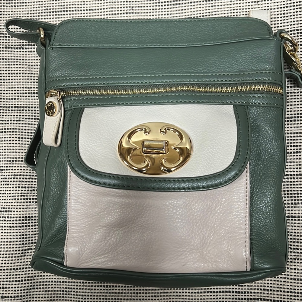 Emma fox green with tan trim leather crossbody purse
